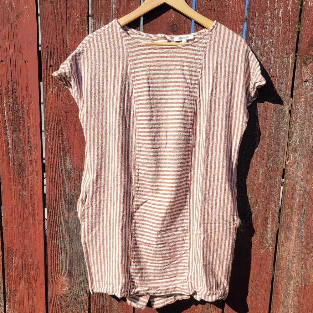 Madewell Striped Linen Blend Button Back Shift Dress Terracotta L Classic Casual